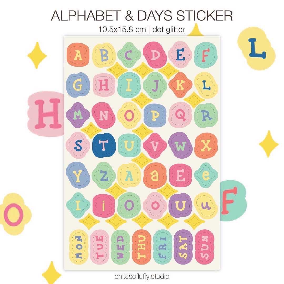 สติกเกอร์ตัวอักษรและวัน 1 สัปดาห์เคลือบกลิตเตอร์จุด ✨alphabet&days glitter | ohitssofluffy.studio