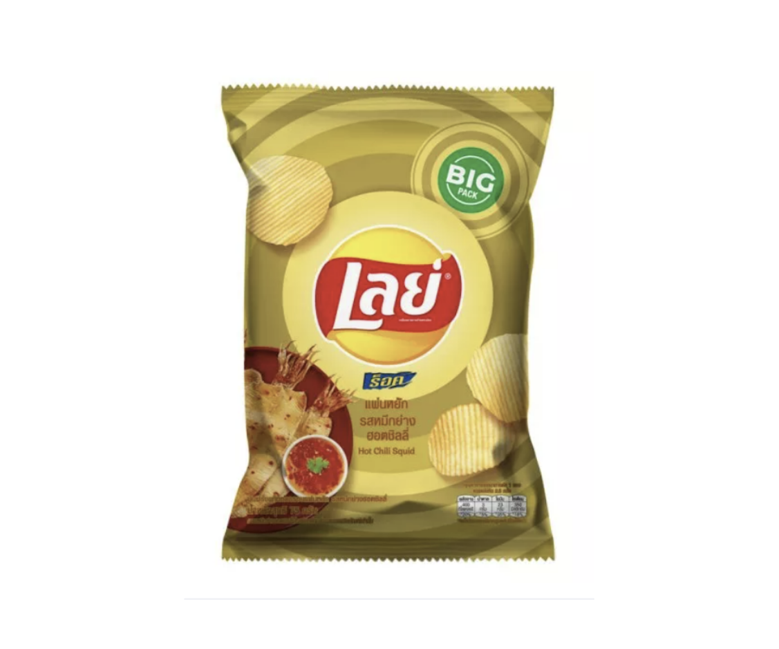 เลย์ แผ่นหยัก รสปลาหมึกย่างฮอตชิลลี่ ขนาด75กรัม
