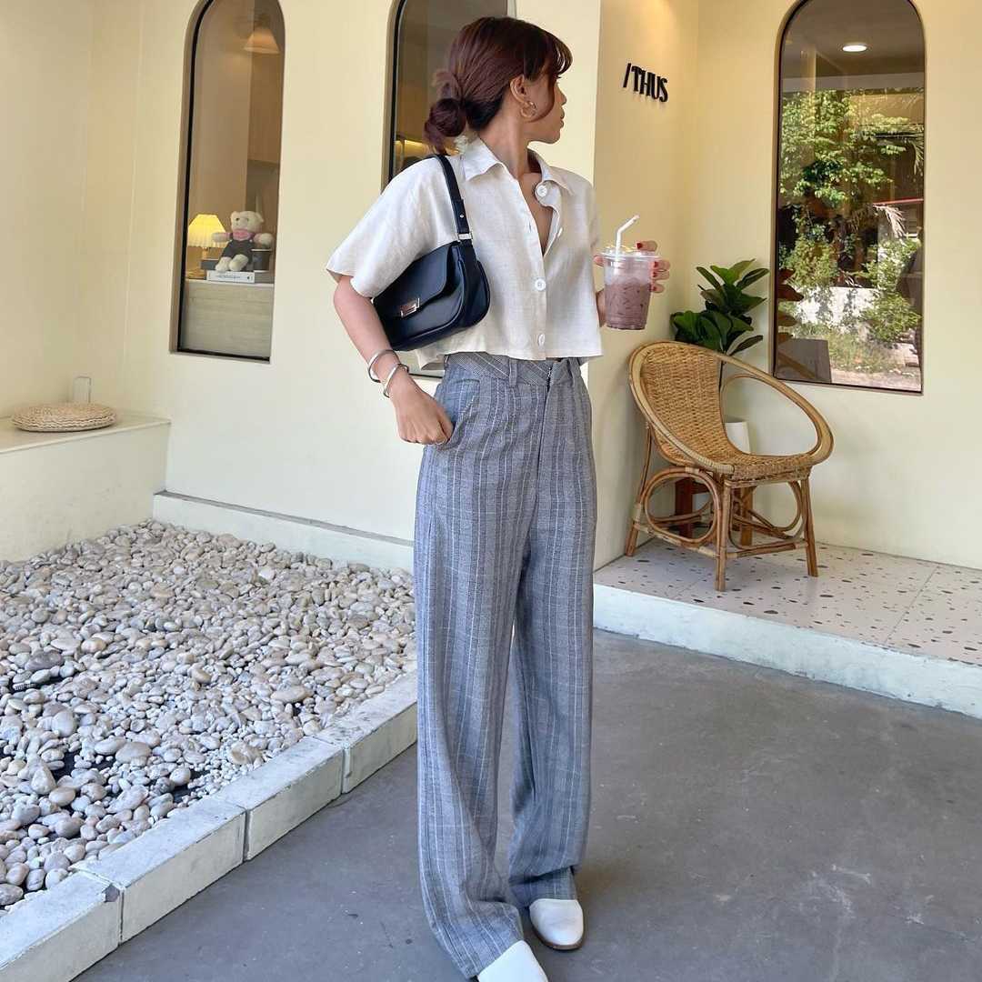 กางเกงทรงกระบอก ขายาว Plaid Lover in Grey