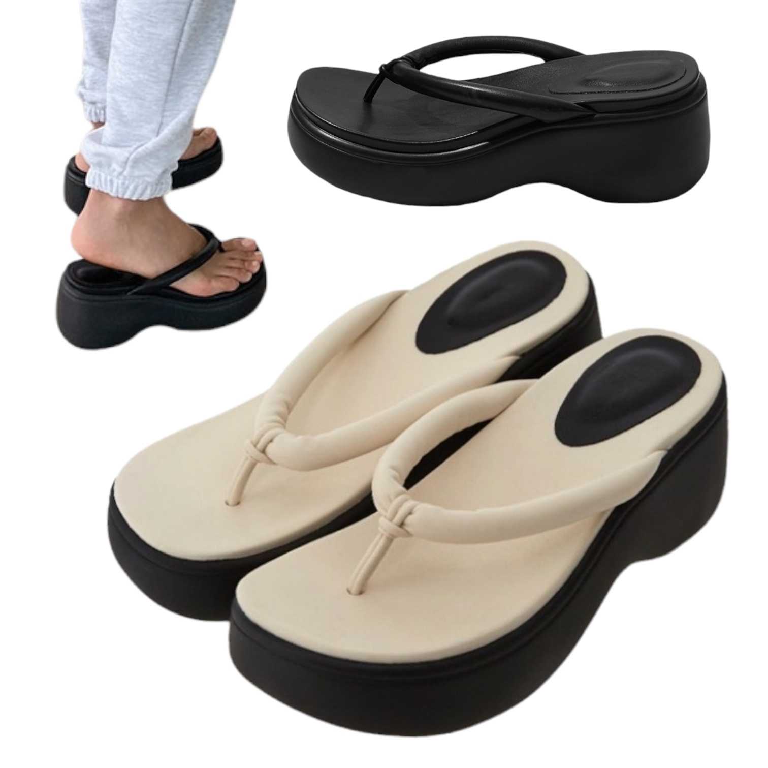 รองเท้าส้นตึก หูคีบ  (KR07)   สี IVORY , BLACK