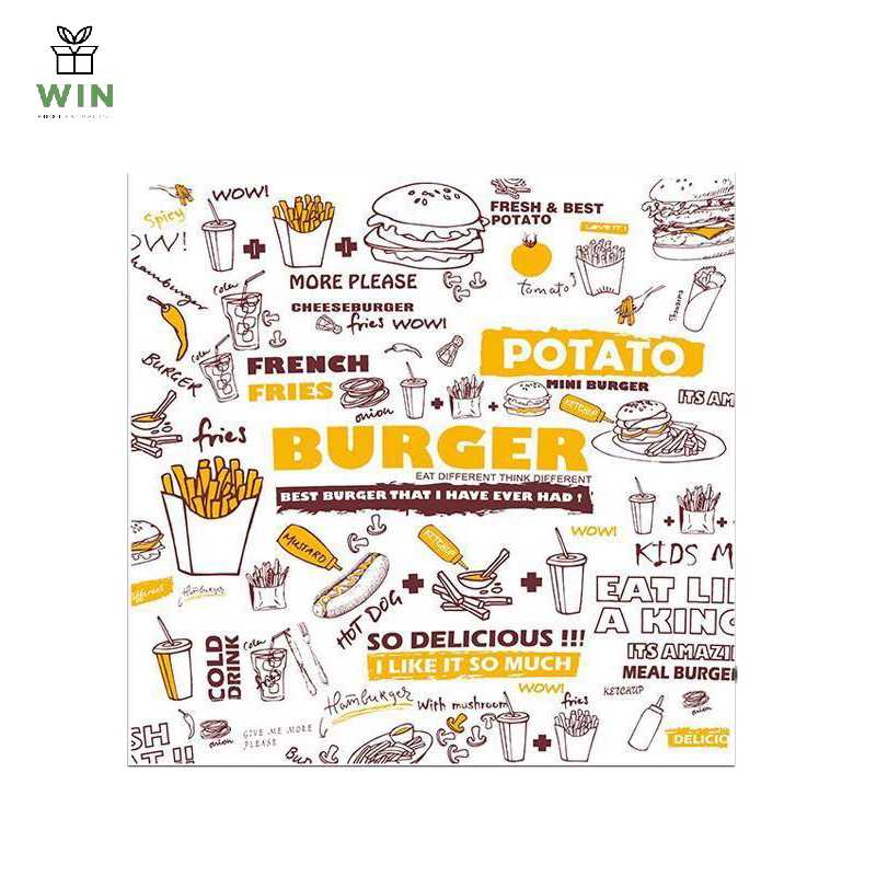 กระดาษห่อเบอร์เกอร์และอาหาร ลายเฟรนช์ฟรายด์ 100 แผ่น ขนาด 28.5×29.5 ซม.