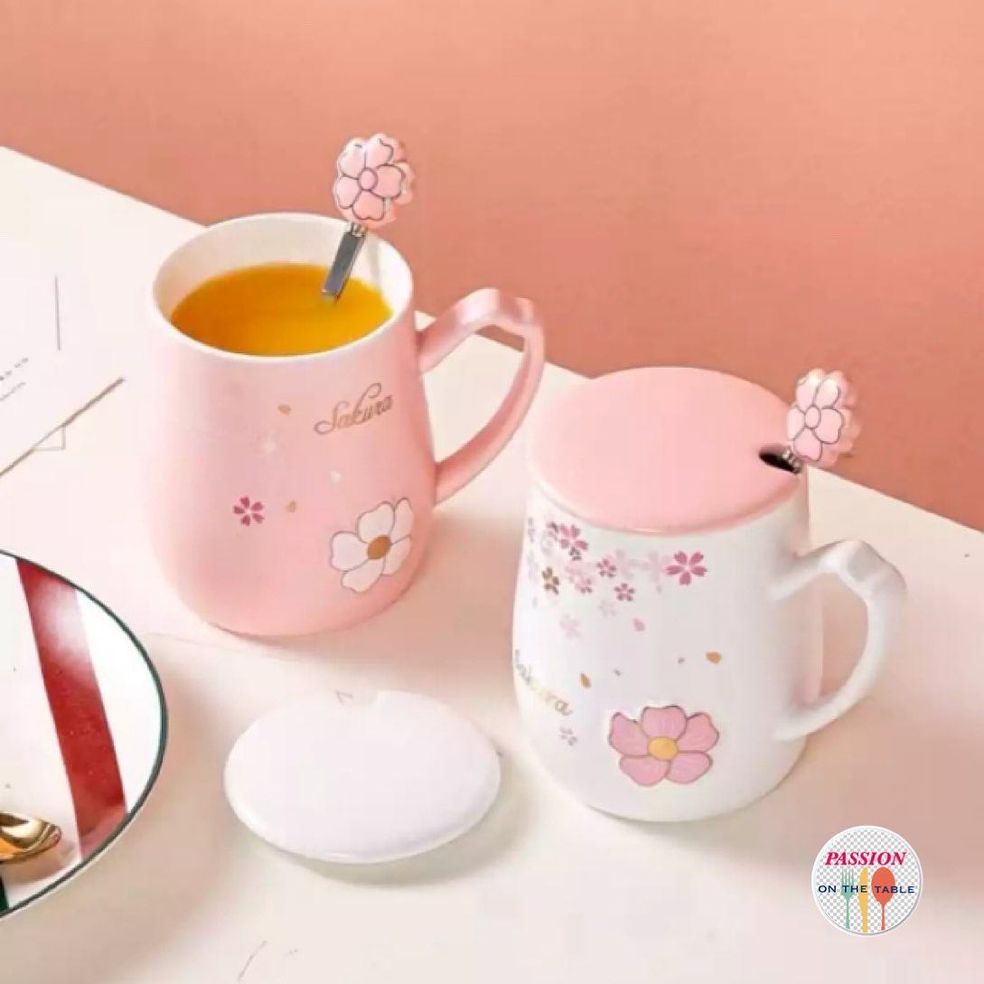 🌸𝓢𝓪𝓴𝓾𝓻𝓪 𝓜𝓾𝓰🌸 แก้วมัคเซรามิค ลายซากุระพร้อมฝา และช้อน