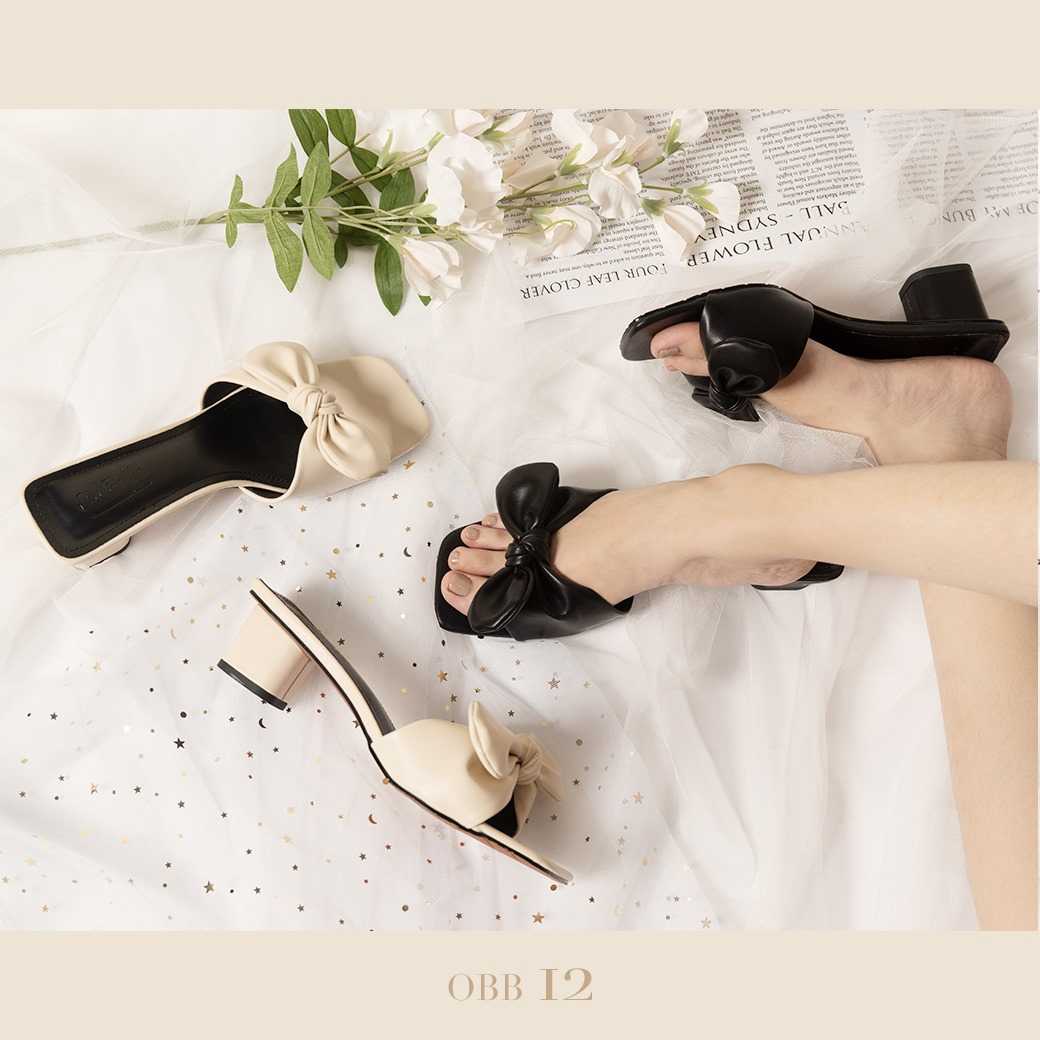 รองเท้าส้นสูง แต่งโบว์ รุ่น OBB12  สี CREAM , BLACK