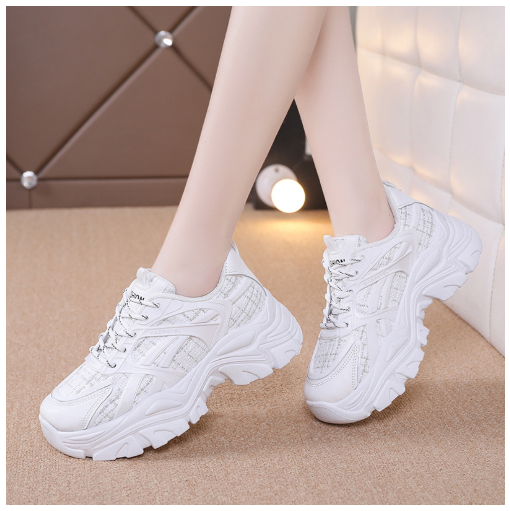 รองเท้า Sneakers  ส้นตึก หนังผสมแต่งผ้าทวิต  สี WHITE
