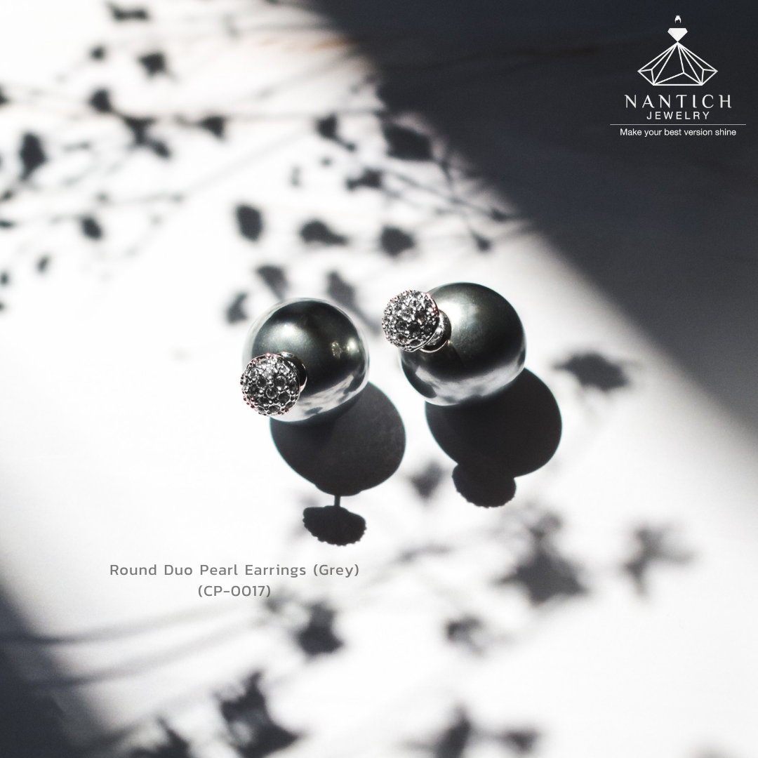 Round Duo Pearl Earrings (Grey) (CP-0017)