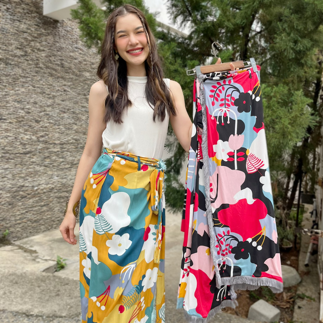 Wrap Skirt -กระโปรงทรงผูกป้าย ลายKIKO (เฉพาะกระโปรง)