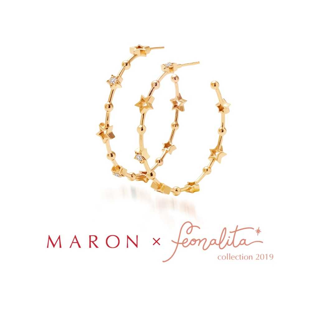MARON - Feo Stars Hoop Earring ชุบสี Beige Gold ต่างหูห่วง พลอยเพทายสีขาว เงินแท้925