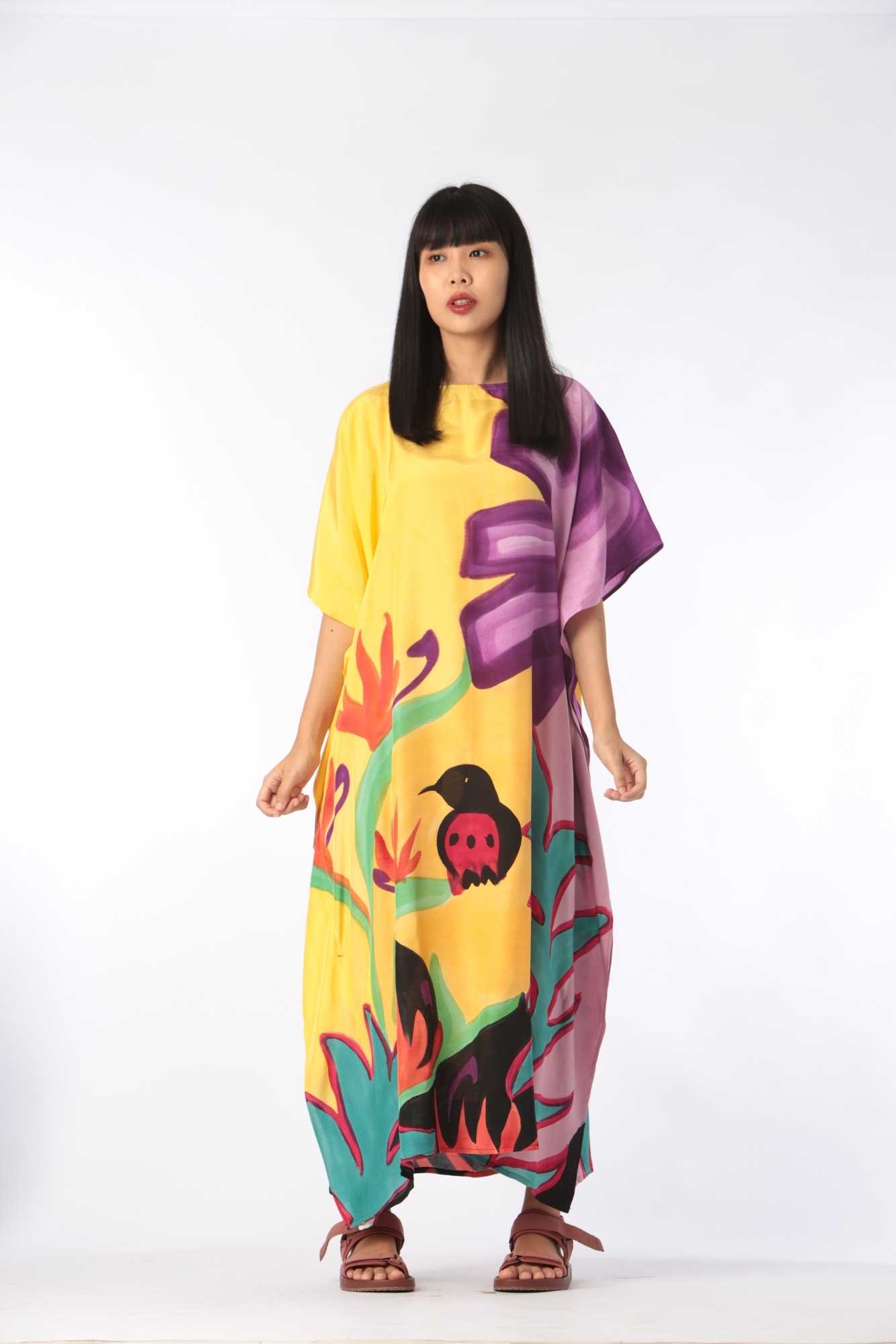 (Pre-order) Kaftan Cotton Silk Hand Paint คาฟทานผ้าคอตต้อนเรยอน ลายกราฟฟิค ฟรีไซส์