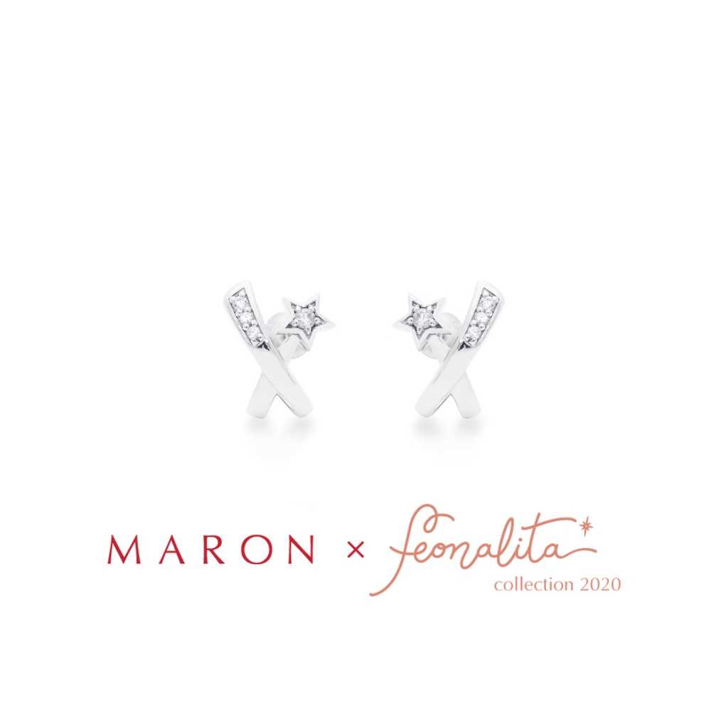 MARON - Feo Stars Cross Earrings ชุบสี White Gold ต่างหูแป้น พลอยเพทายสีขาว เงินแท้925