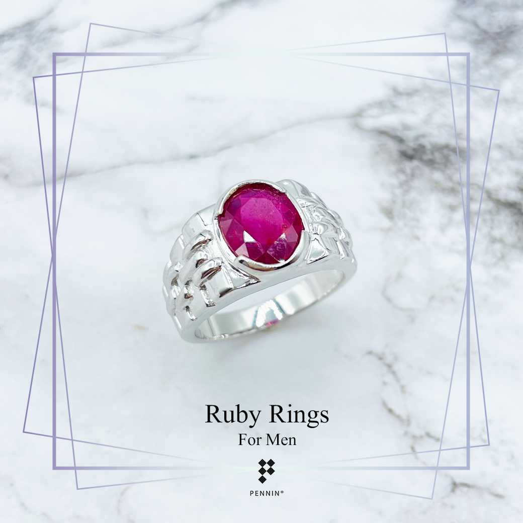 RNO773 แหวนทับทิมสำหรับผู้ชาย ทับทิมแอฟริกา เผาใหม่ เงินแท้ชุบทองคำขาว ลายสายนาฬิกา