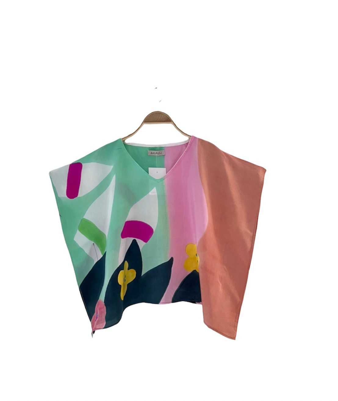 (Pre-Order)Poncho Cotton Rayon Blouse V Nack Hand paint For Summer Beach Vacation Small Size