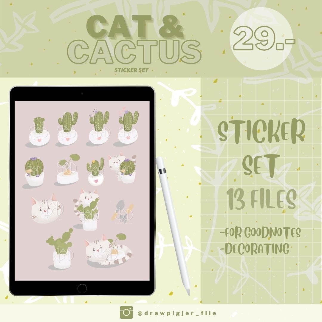Digital file :Sticker set(cat with cactus 🌵 ✨)