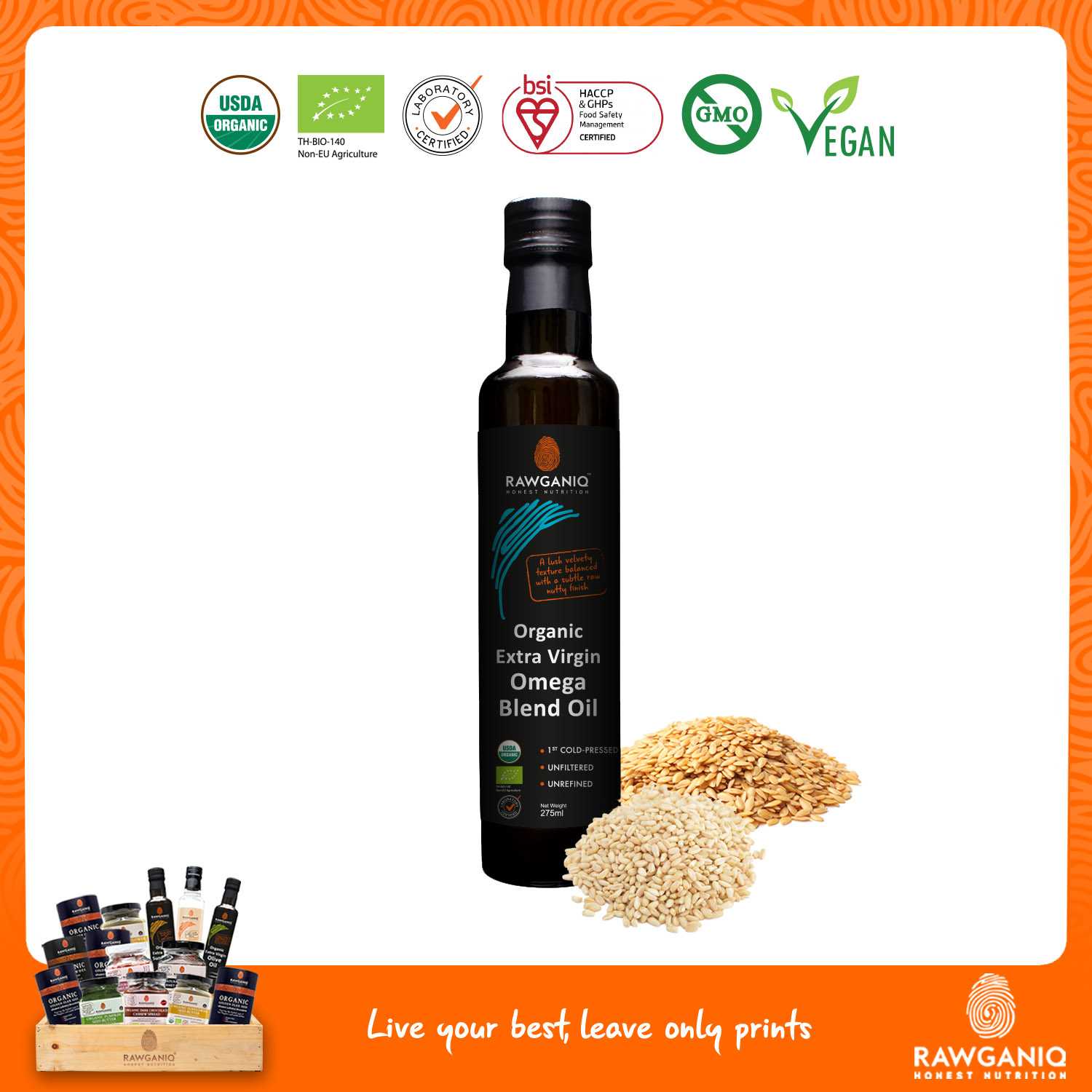 น้ำมันโอเมก้า 3, 6, 9 สกัดเย็นออร์แกนิค ไม่ผ่านกรรมวิธี 275ml (Organic Extra Virgin Omega Oil)