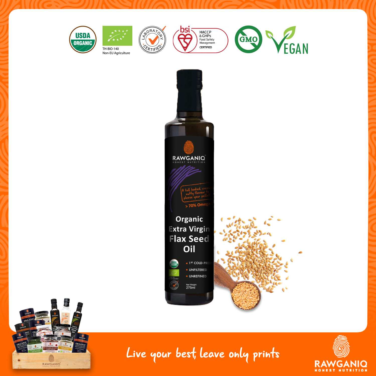 น้ำมันแฟลกซ์ซีดสกัดเย็นออร์แกนิค ไม่ผ่านกรรมวิธี 275ml (Organic Extra Virgin Golden Flaxseed Oil)