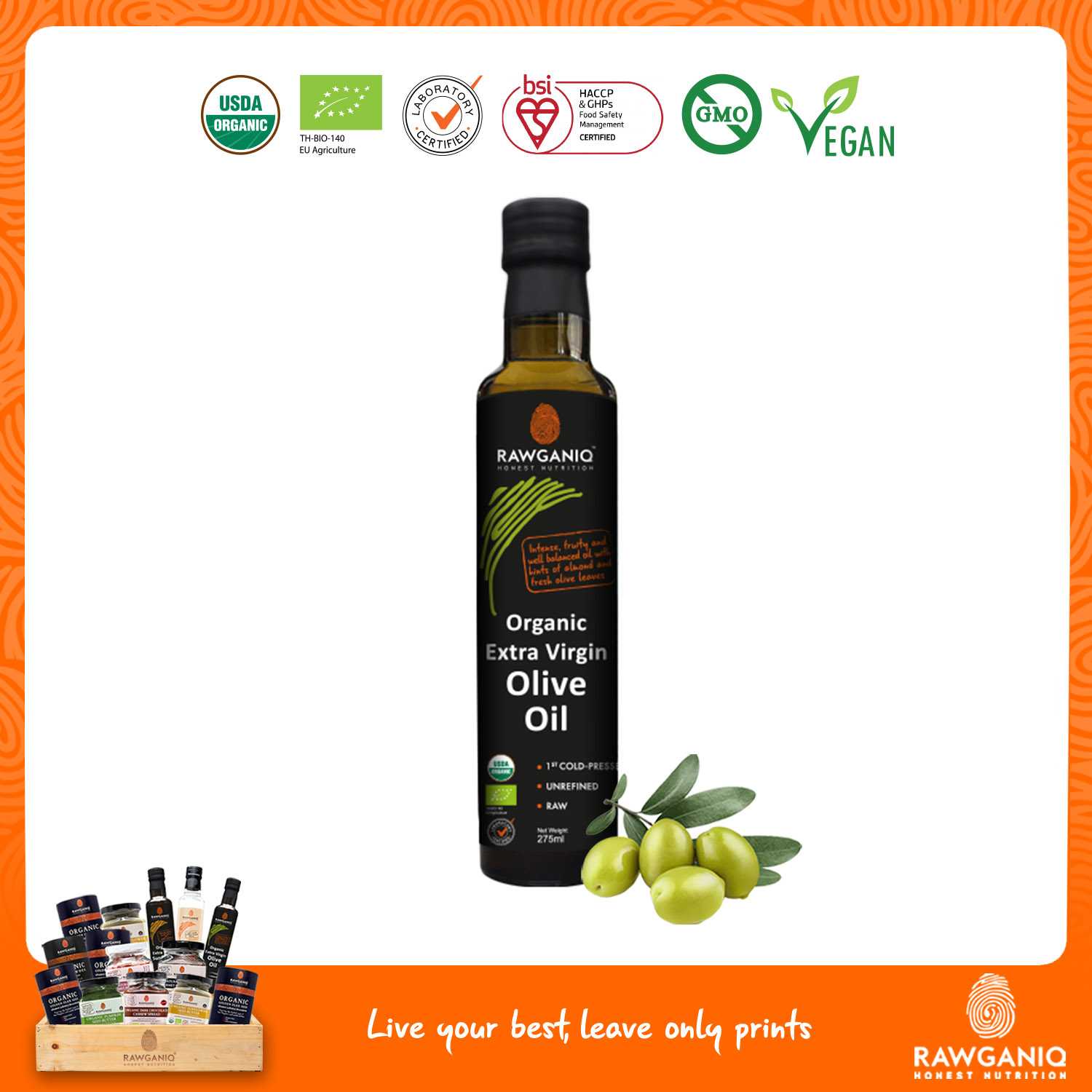 น้ำมันมะกอกเอ็กซ์ตร้าเวอจิ้นออร์แกนิค ไม่ผ่านกรรมวิธี 275ml (Organic Extra Virgin Olive Oil)