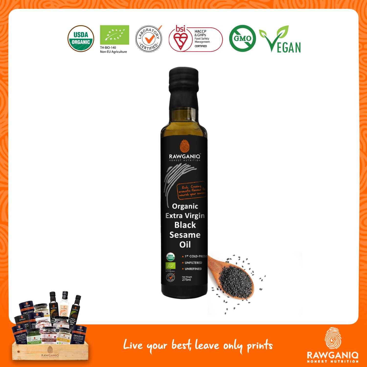น้ำมันเมล็ดงาดำสกัดเย็นออร์แกนิค ไม่ผ่านกรรมวิธี 275ml (Organic Extra Virgin Black Sesame Seed Oil)