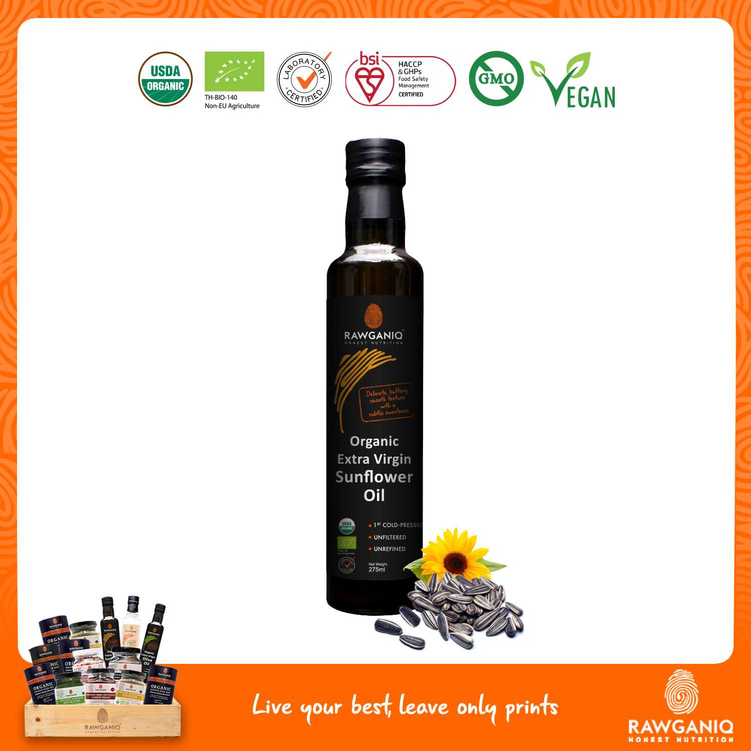 น้ำมันเมล็ดทานตะวันสกัดเย็นออร์แกนิค ไม่ผ่านกรรมวิธี 275ml (Organic Extra Virgin Sunflower Seed Oil)