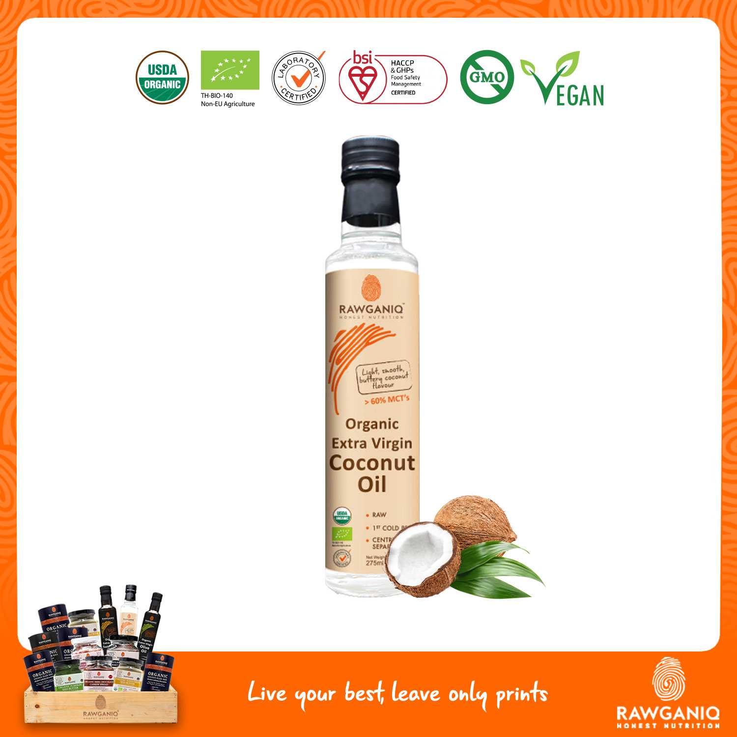 น้ำมันมะพร้าวบริสุทธิ์สกัดเย็นออร์แกนิค 275ml (Organic Extra Virgin Coconut Oil)