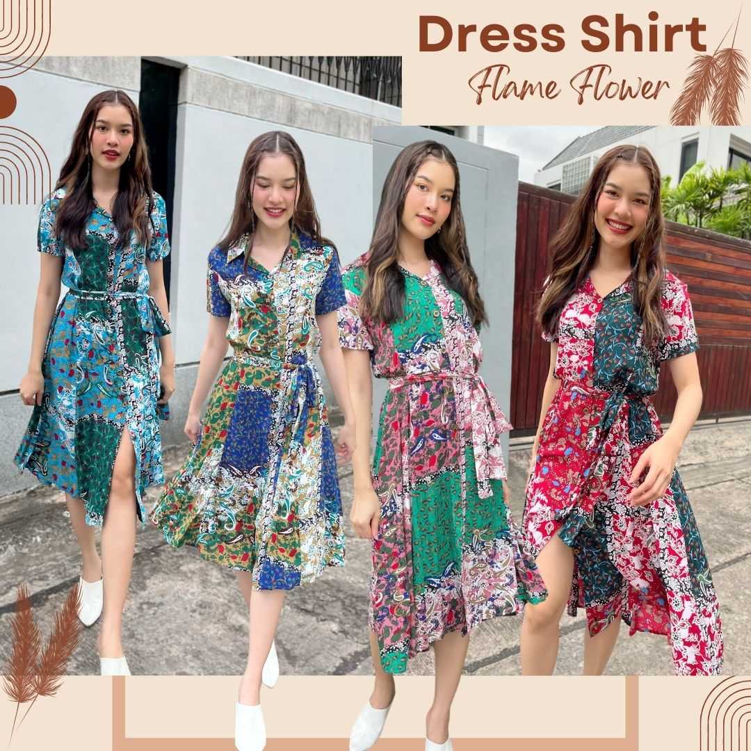 Dress Shirt เดรสเชิ้ตเเขนสั้น - Flame flower