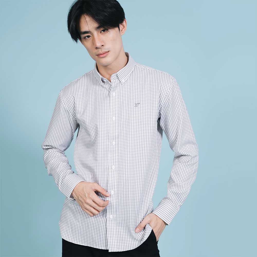 Premium เสื้อเชิ้ตชาย ปกกระดุม ทรงสลิม สีขาวตารางเทา (เหลือไซส์ S)