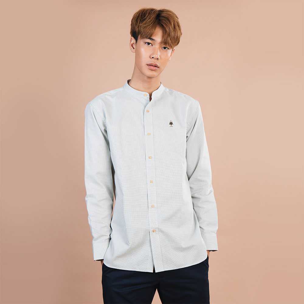 Original เสื้อเชิ้ตชาย คอจีน ทรงตรง สีเขียว origami pine tree (เหลือไซส์ M, XL)