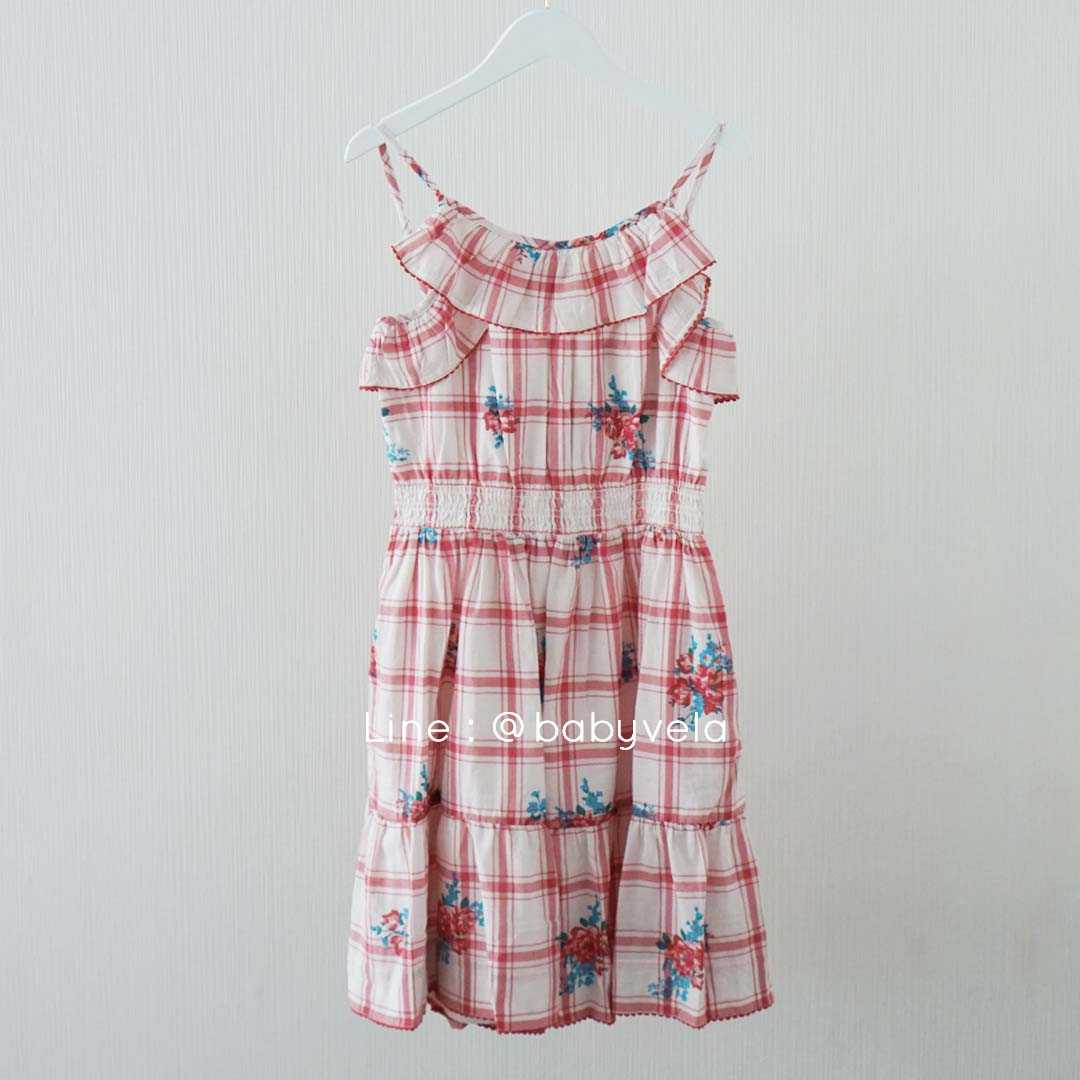 Girls Plaid & Floral Cotton Dobby Dress (Cream Multi)