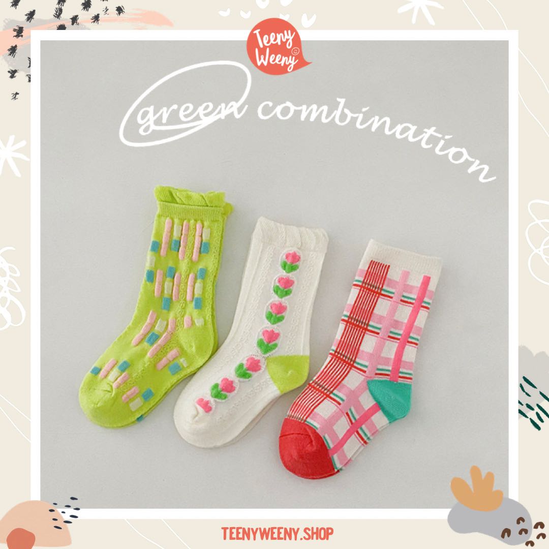Teenyweeny.shop - เซตถุงเท้า 3 คู่ โทนเขียว-ชมพู