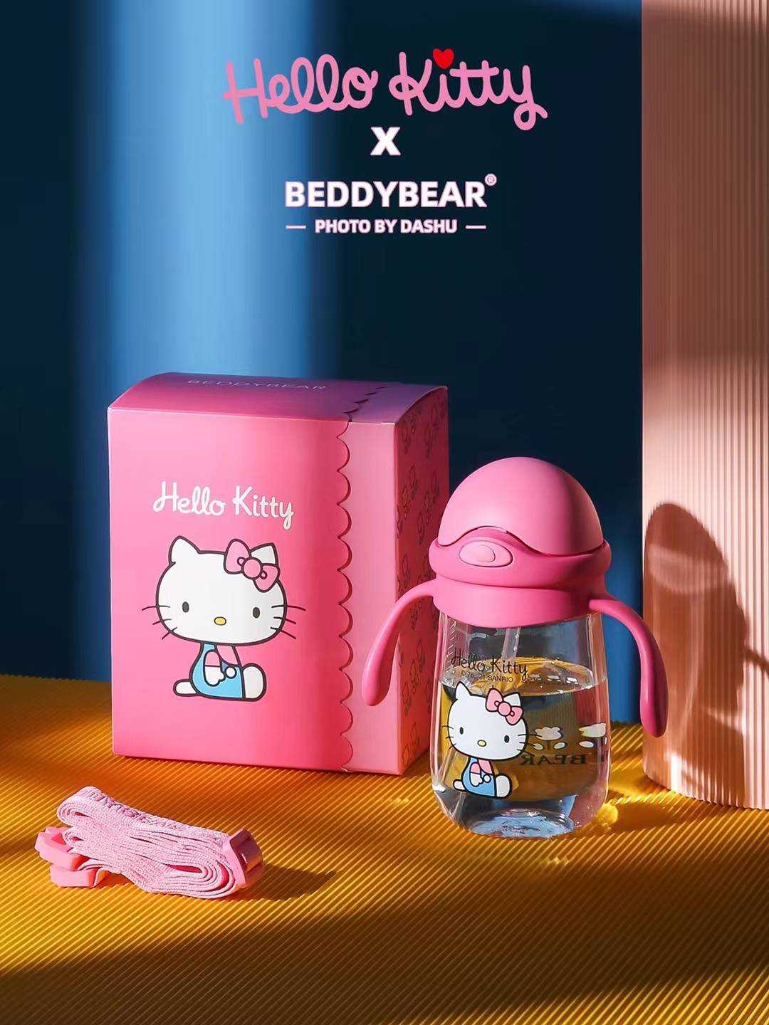 BeddyBearXKitty กระติกน้ำtritan ฝาล็อคหลอดดูด พร้อมหูจับและสายสะพาย รุ่น BB003MT-002KT จุ 300 ml.