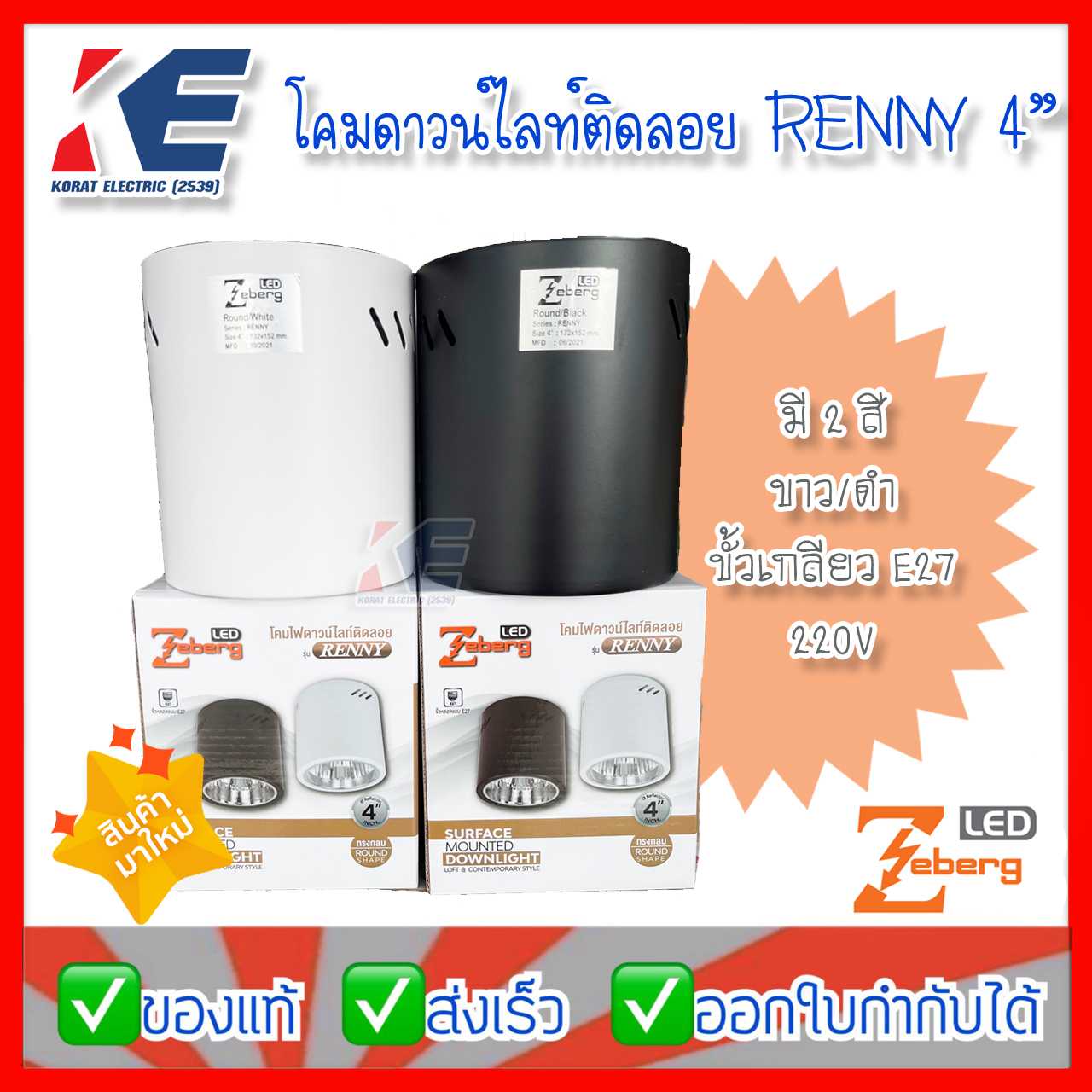 โคมไฟ โคมดาวน์ไลท์ โคมดาวน์ไลท์ติดลอย 4นิ้ว RENNY ZEBERG ขั้วเกลียว E27 สีขาว สีดำ 220V ทรงกลม