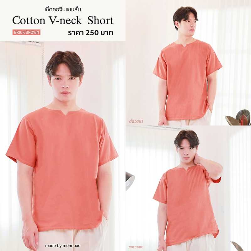 เสื้อเชิ้ตคอเจาะแขนสั้น V-neck สีอิฐ