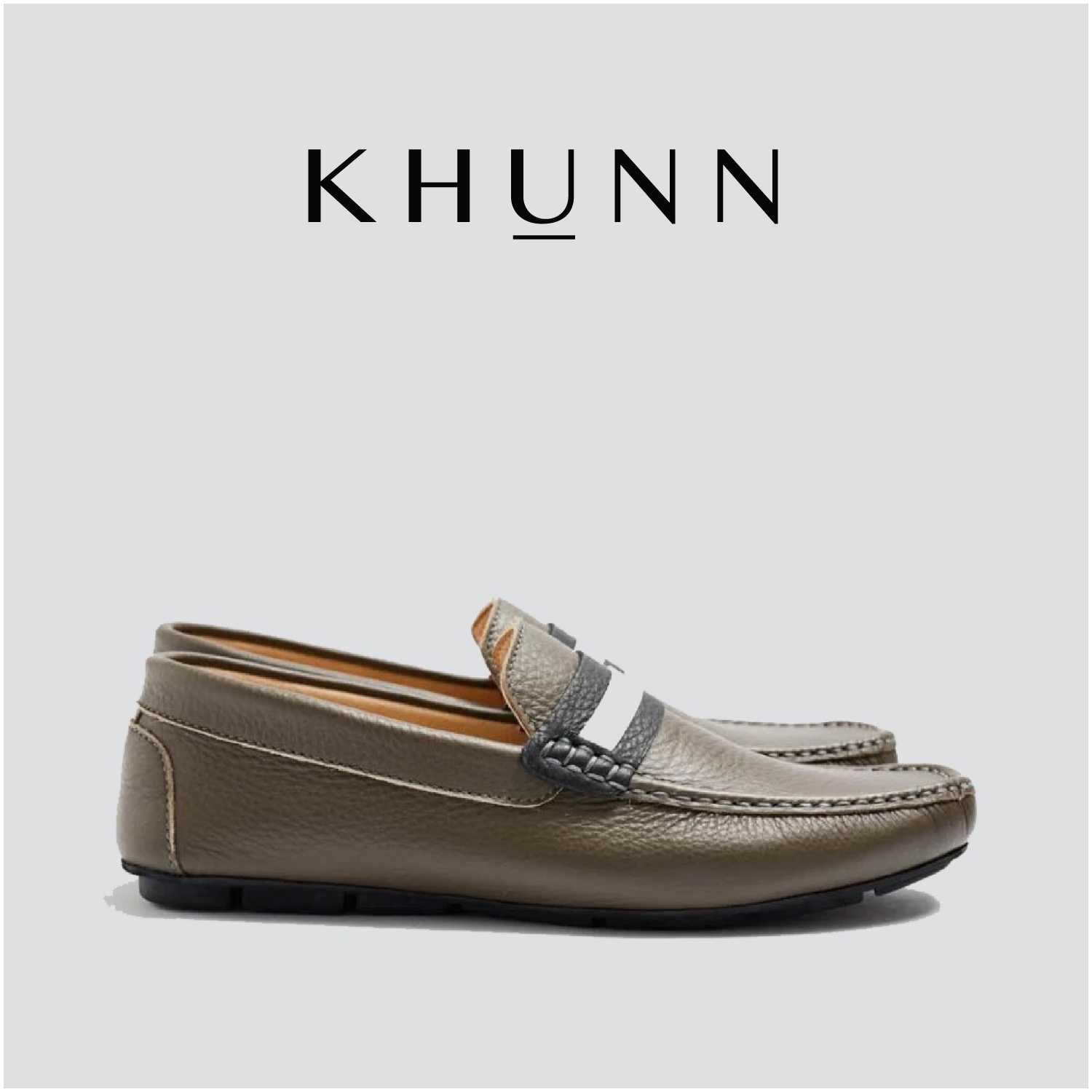 KHUNN (คุณณ์) รองเท้าหนังชาร์มัวร์แท้ รุ่น NAVY สีดำ Olive