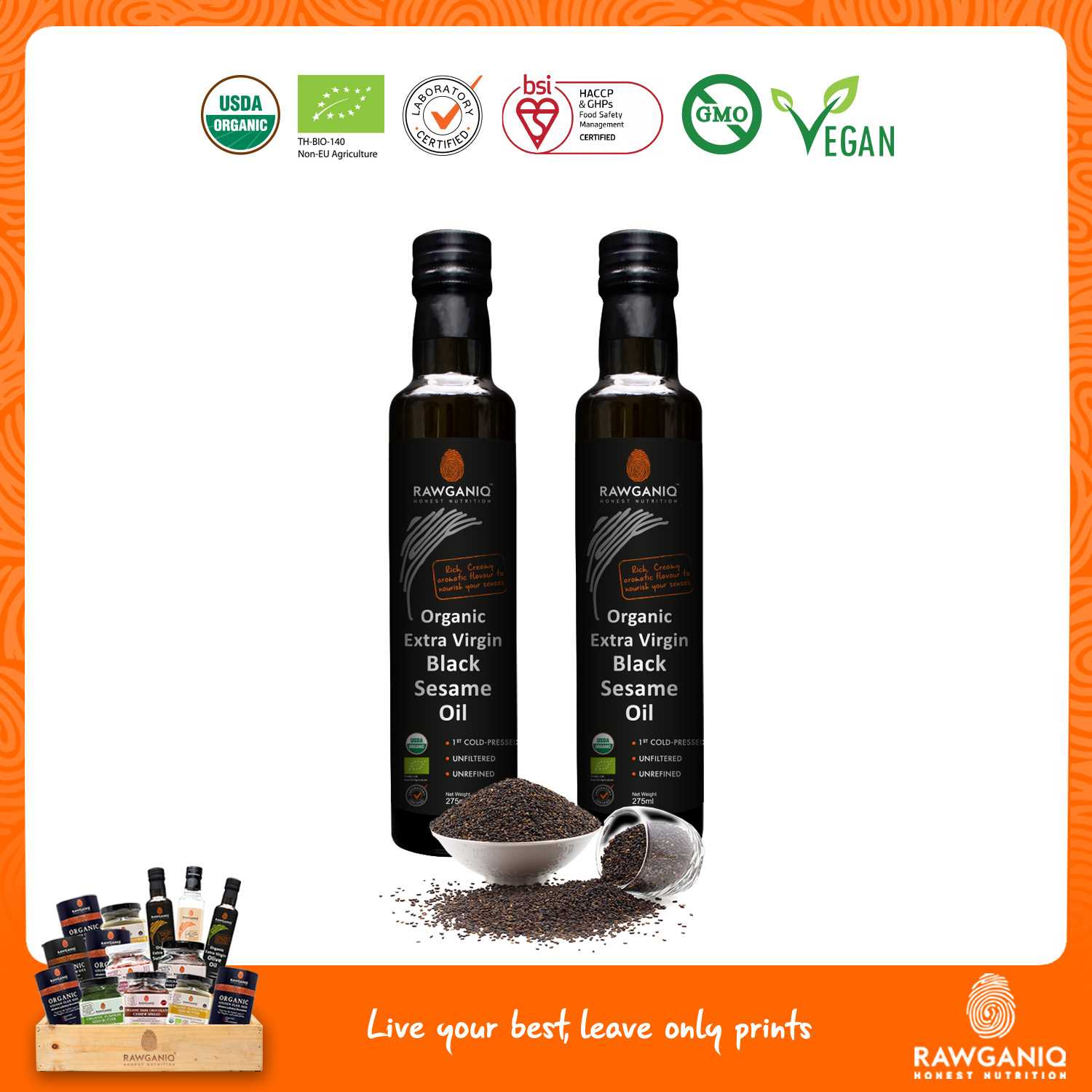 แพ็คคู่ น้ำมันเมล็ดงาดำสกัดเย็นออร์แกนิค ไม่ผ่านกรรมวิธี  275ml (Black Sesame Seed Oil Pack of 2)