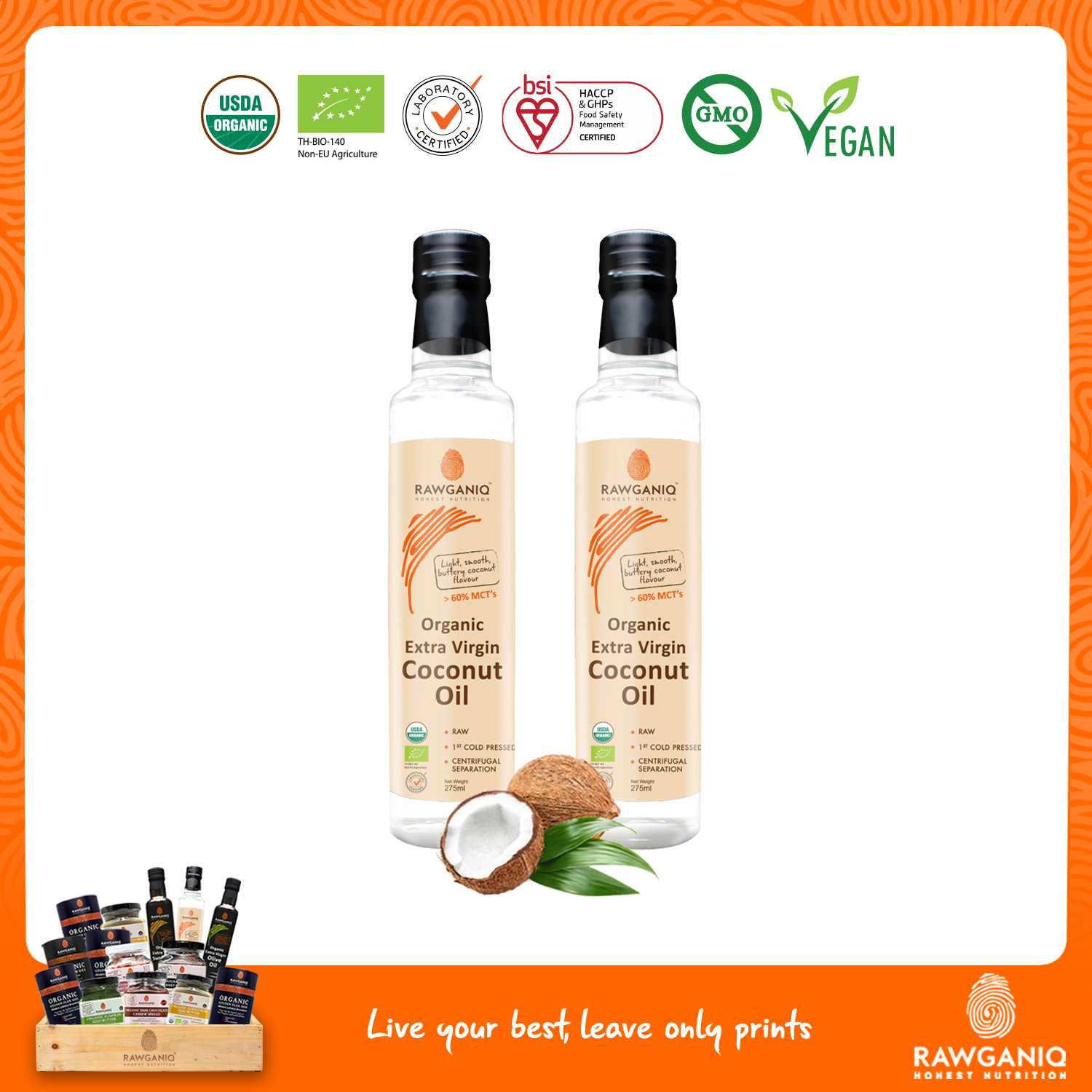 แพ็คคู่ น้ำมันมะพร้าวบริสุทธิ์สกัดเย็นออร์แกนิค 275ml (Organic Extra Virgin Coconut Oil Pack of 2)