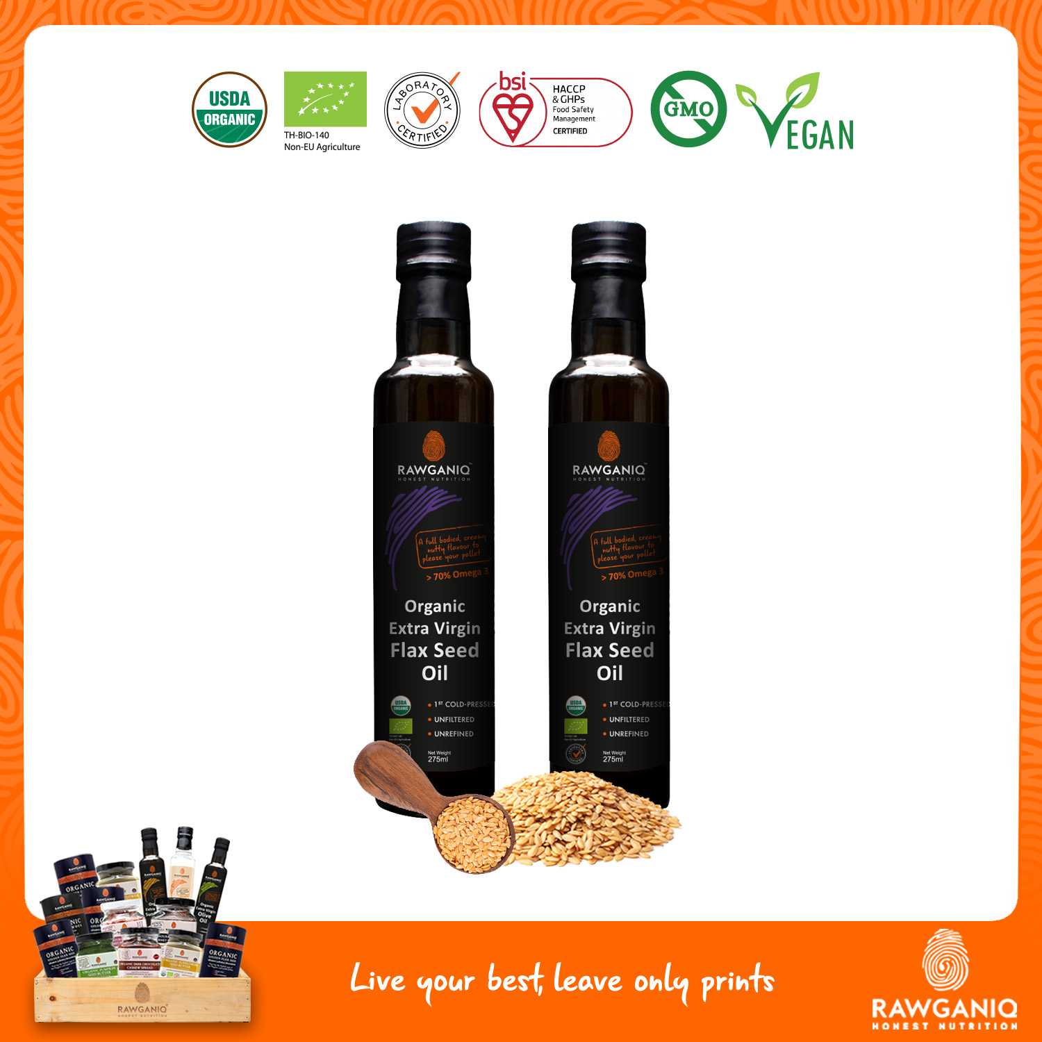 แพ็คคู่ น้ำมันเมล็ดแฟลกซ์ซีดสกัดเย็นออร์แกนิค 275ml (Organic Extra Virgin Flax Seed Oil Pack of 2)