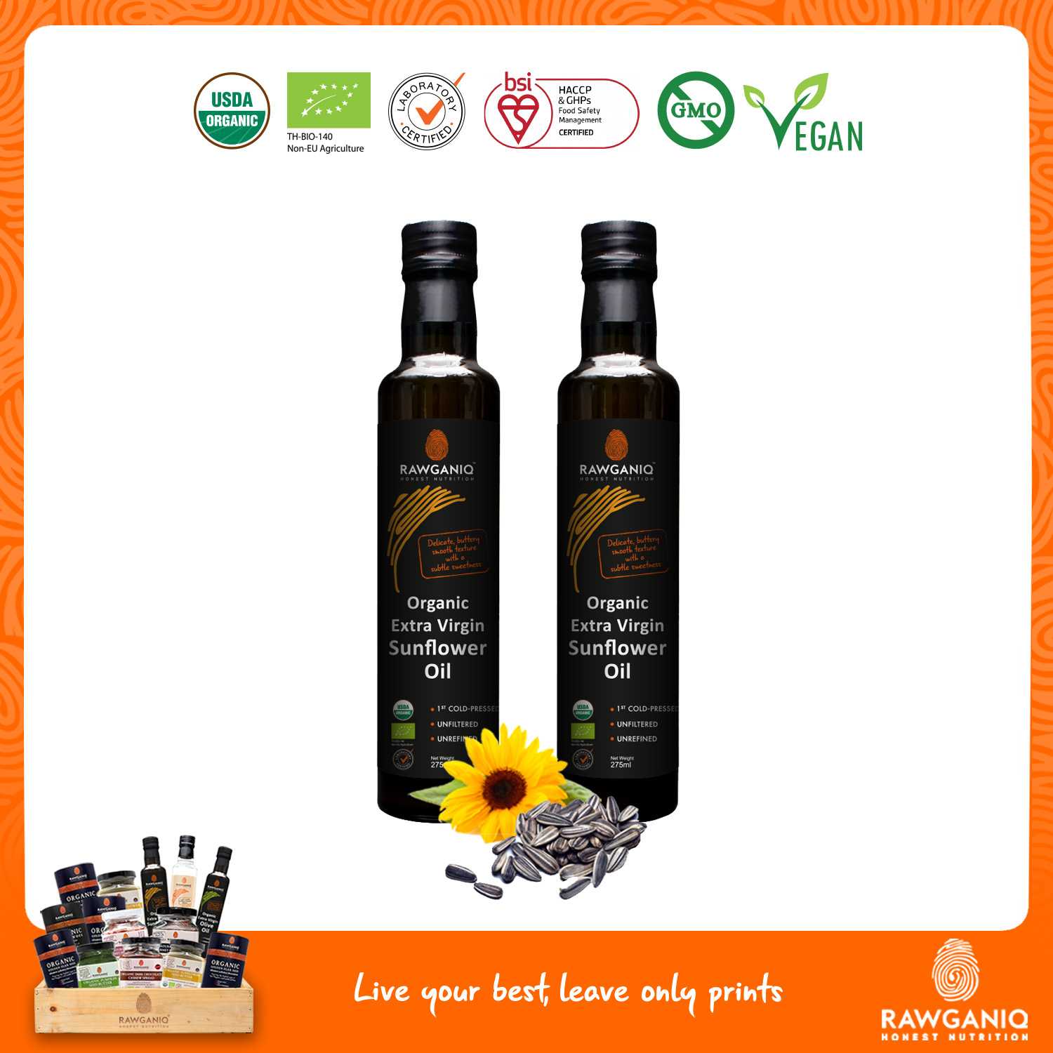 แพ็คคู่ น้ำมันเมล็ดทานตะวันสกัดเย็นออร์แกนิค 275ml (Organic Extra Virgin Sunflower Seed Oil Packof2)