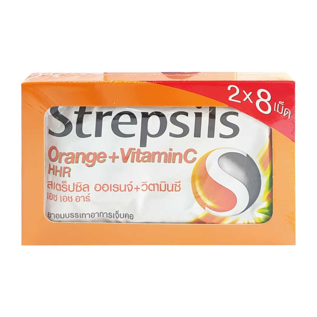 Strepsils Orange+VitaminC HHR 2x8 เม็ด [กล่อง 2 ซอง]