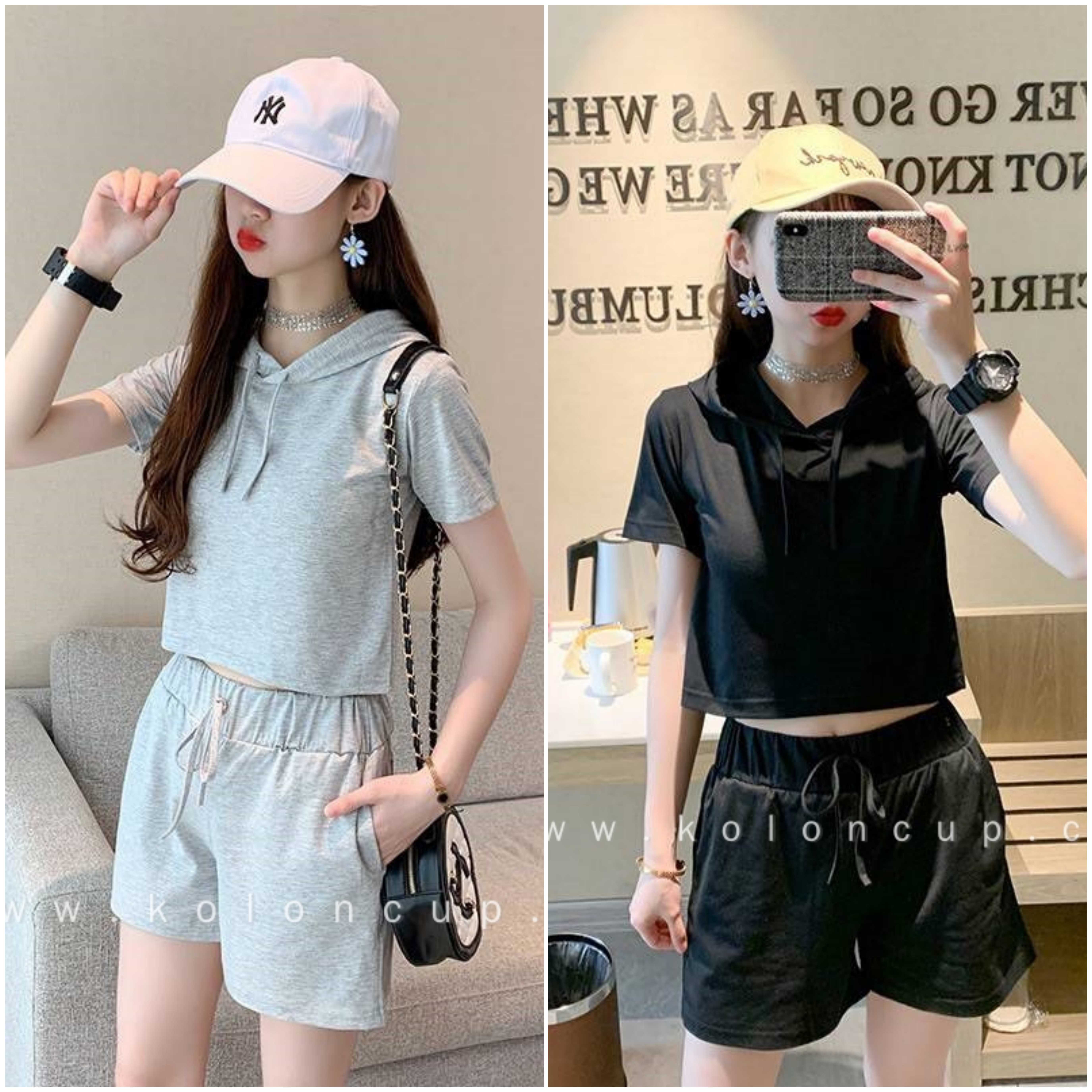 KolonCup  ชุดเซ็ทเสื้อครอป+กางเกงขาสั้น สีพื้น ชุดใส่อยู่บ้าน ใส่เที่ยว ใส่ลำลอง KL3097