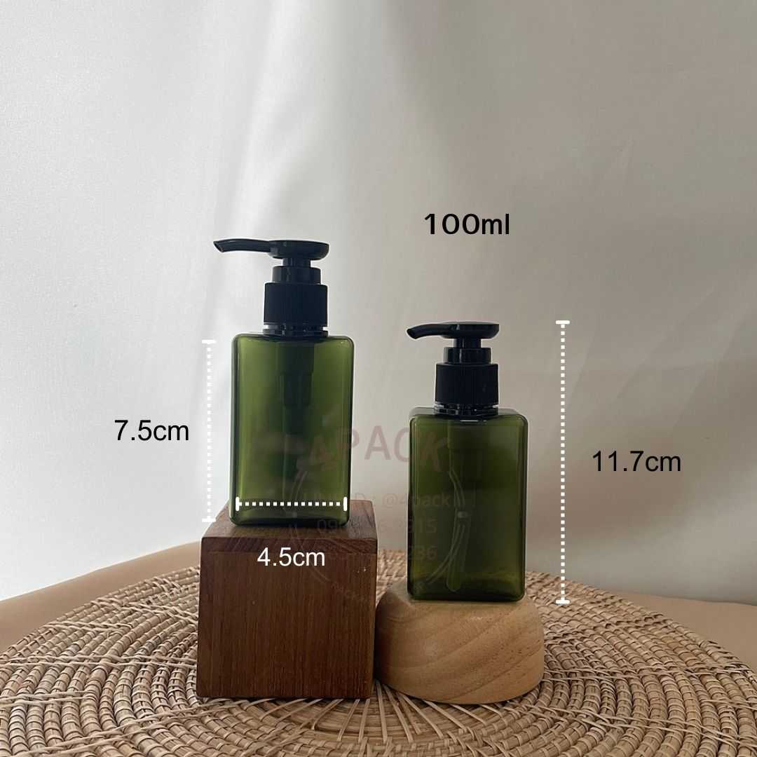 ขวดพลาสติกPET100ml แบนเขียว +ปั๊มกระดุม