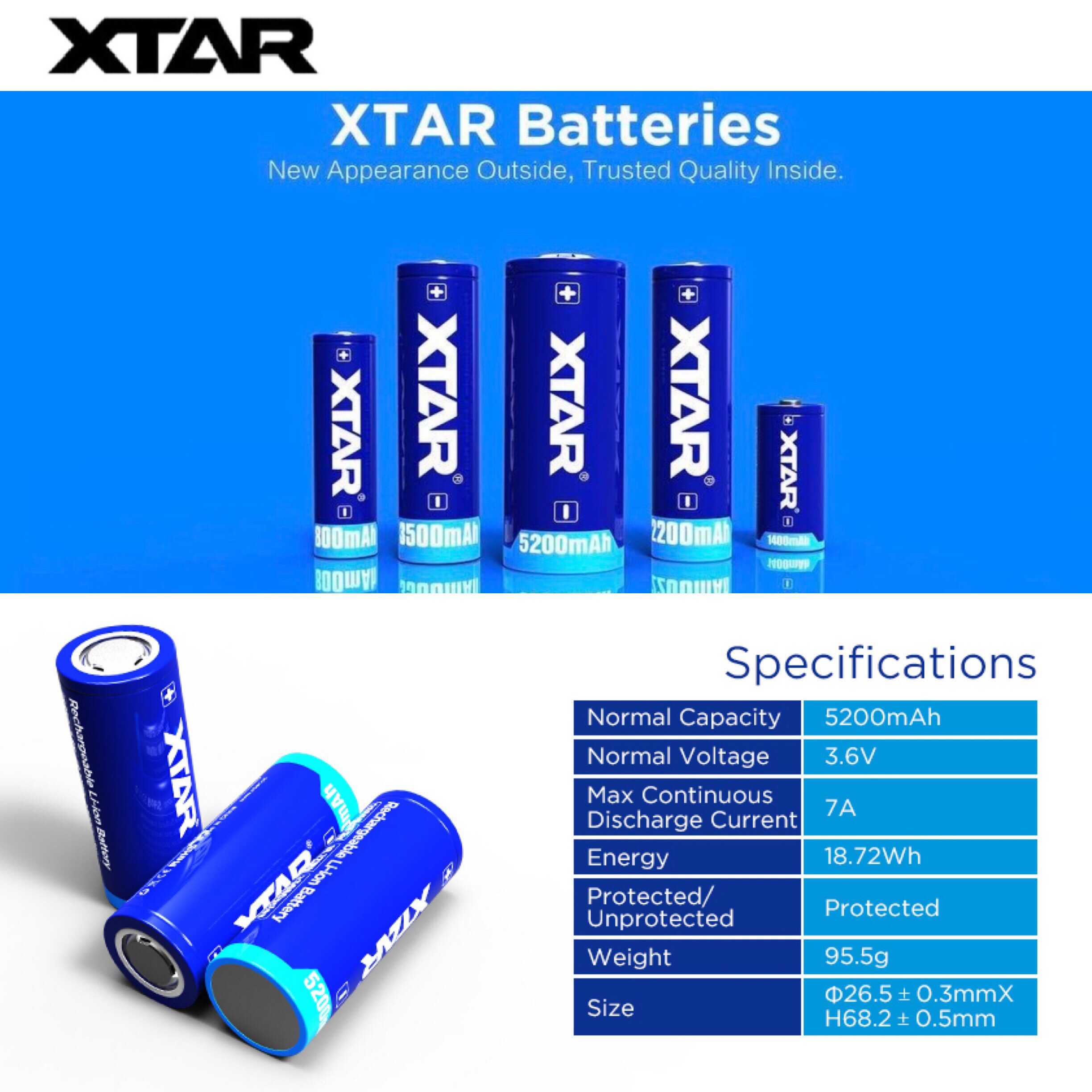 XTAR 26650 5200mAh 3.6V 7A Flat Top & Button Top Protected Rechargeable Battery