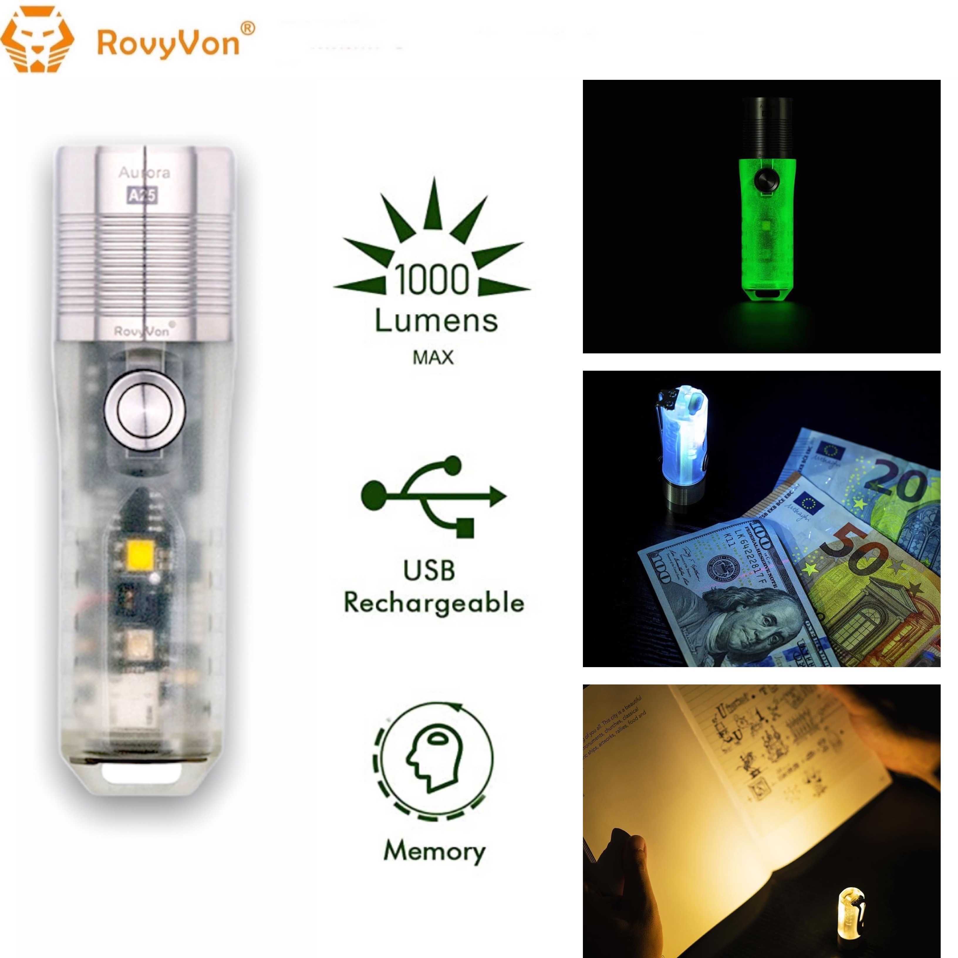RovyVon Aurora A25 White/UV Green GITD 1000 Lumens EDC Keychain Flashlight