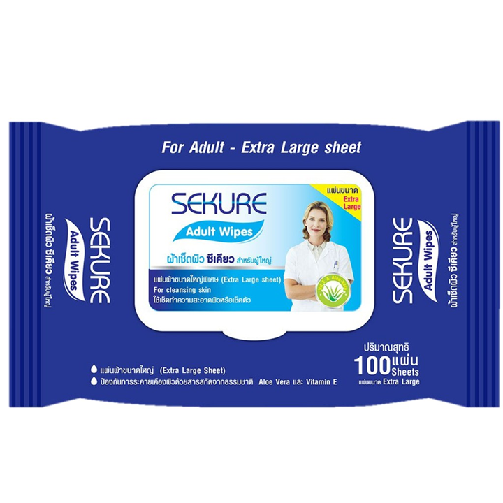 Sekure Wipes 100 แผ่น ซีเคียว ทิชชู่เปียกแผ่นใหญ่ 200x250 mm ผ้าเช็ดผิว