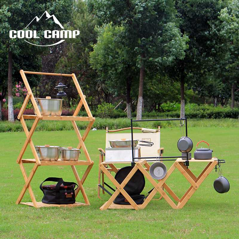CoolCamp ชั้นวางของ 2 In 1 สำหรับแคมป์ปิ้ง 3 ชั้น ไม้เนื้อแข็ง พร้อมกระเป๋าเก็บอุปกรณ์