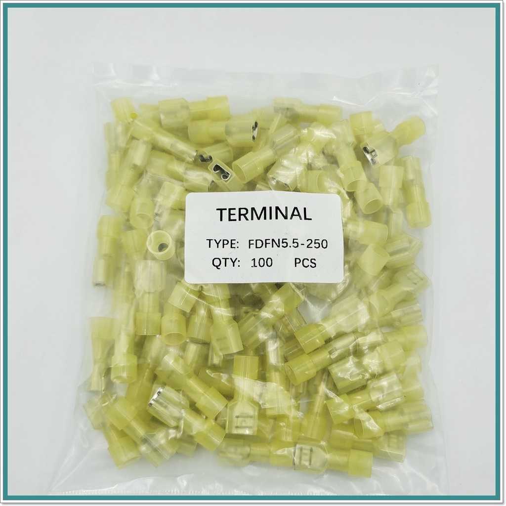 TYPE: FDFN5.5-250 หางปลาเสียบแอร์ตัวเมียแบบหุ้มเต็ม เหลืองขุ่นใส เข้าสาย 4-6mm² แพ็คละ 100ชิ้น