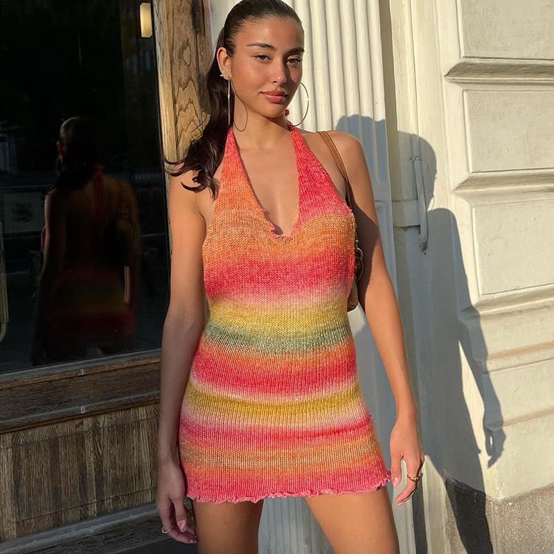 Beach Knit Tri-color Dress