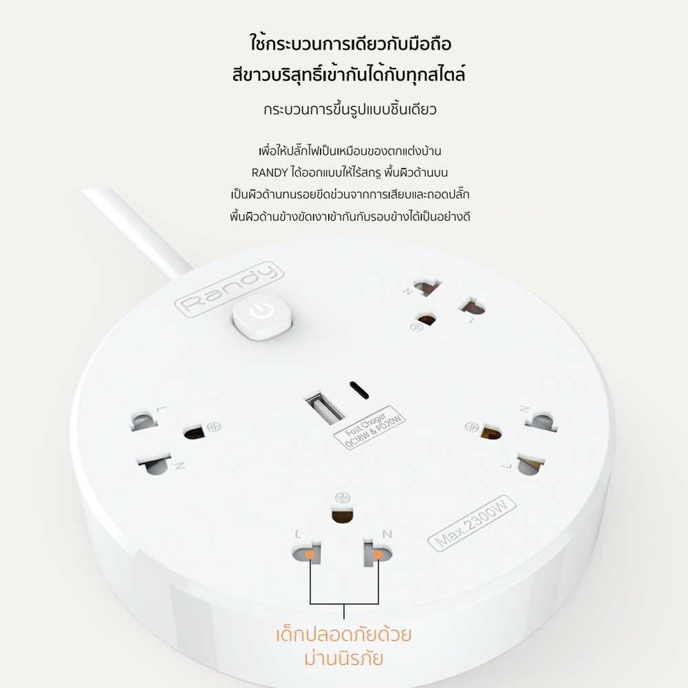 Randy Fast Chager ปลั๊กมอก. 2 เมตร ปลั๊กไฟUSBชาร์จ iPad ได้