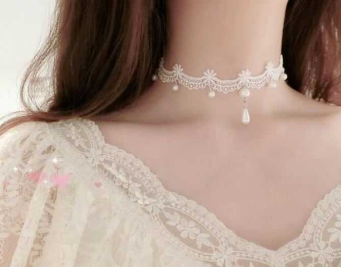 สร้อยโชคเกอร์ Choker White BOHO สร้อยคอผ้าลูกไม้ Lolita 💕 ส่งฟรี 💕