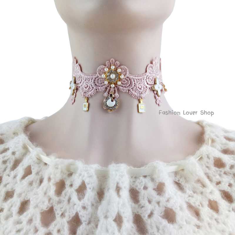 สร้อยโชคเกอร์ Luxury Pink Choker สร้อยสไตล์วิคตอเรีย คอสเพลย์ สร้อยคอลูกไม้ 💟 ส่งฟรี 💟