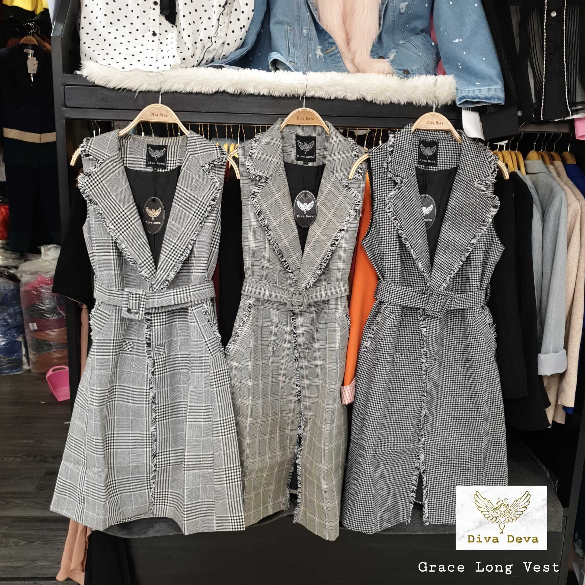 🔥SALE🔥 #1807 Grace Long Vest เดรสแขนกุดลายสก็อต