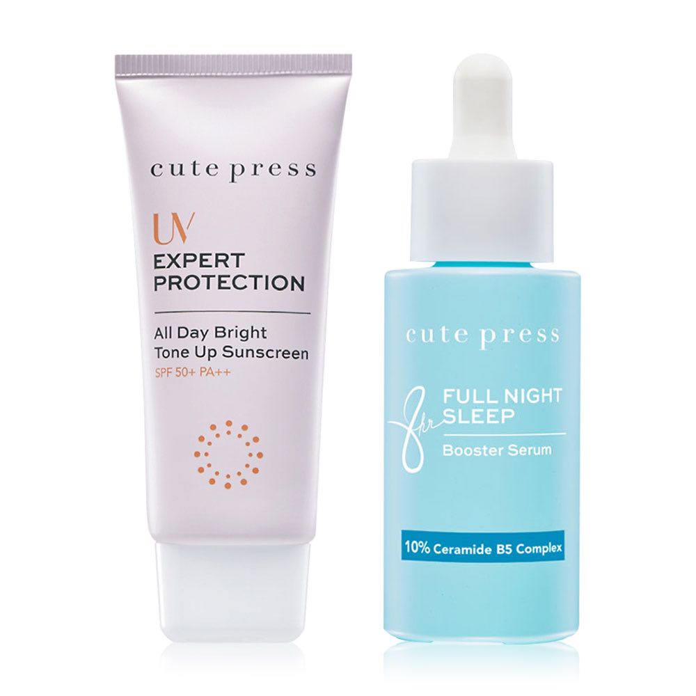 Cute press Set Full night Sleep Booster Serum (เซรั่มฟ้า) + กันแดด All Day Bright