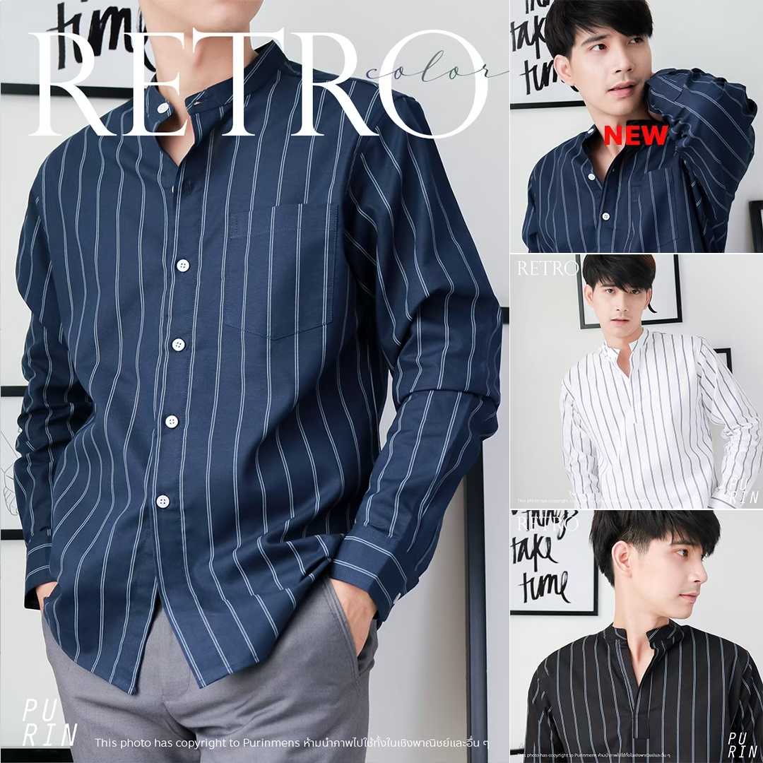 Purinmens Retro เสื้อเชิ้ตคอจีนแขนยาวลายทาง